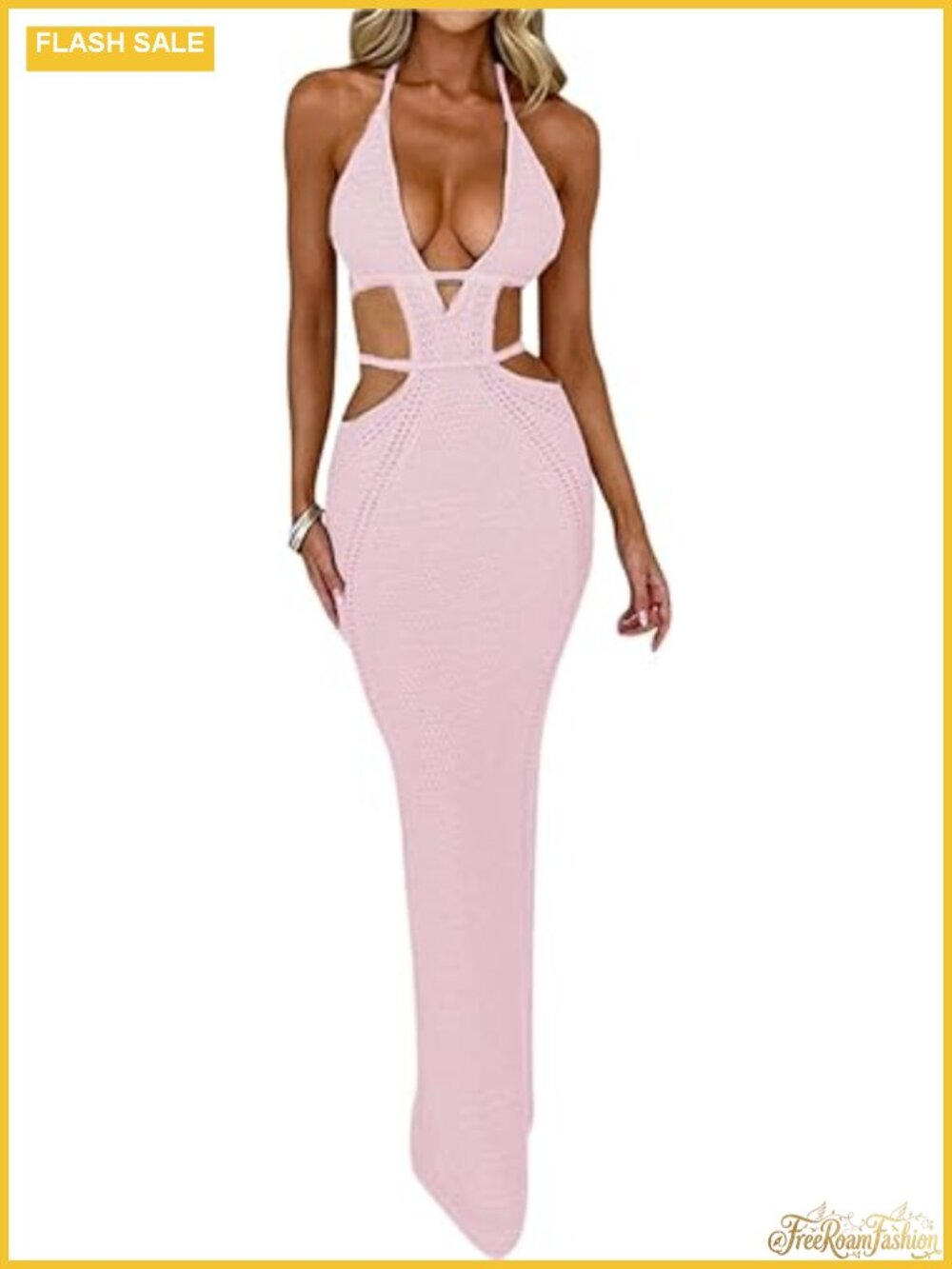 Women's Crochet Halter Maxi Dress Backless Summer Beach Bodycon Sleeveless Sexy